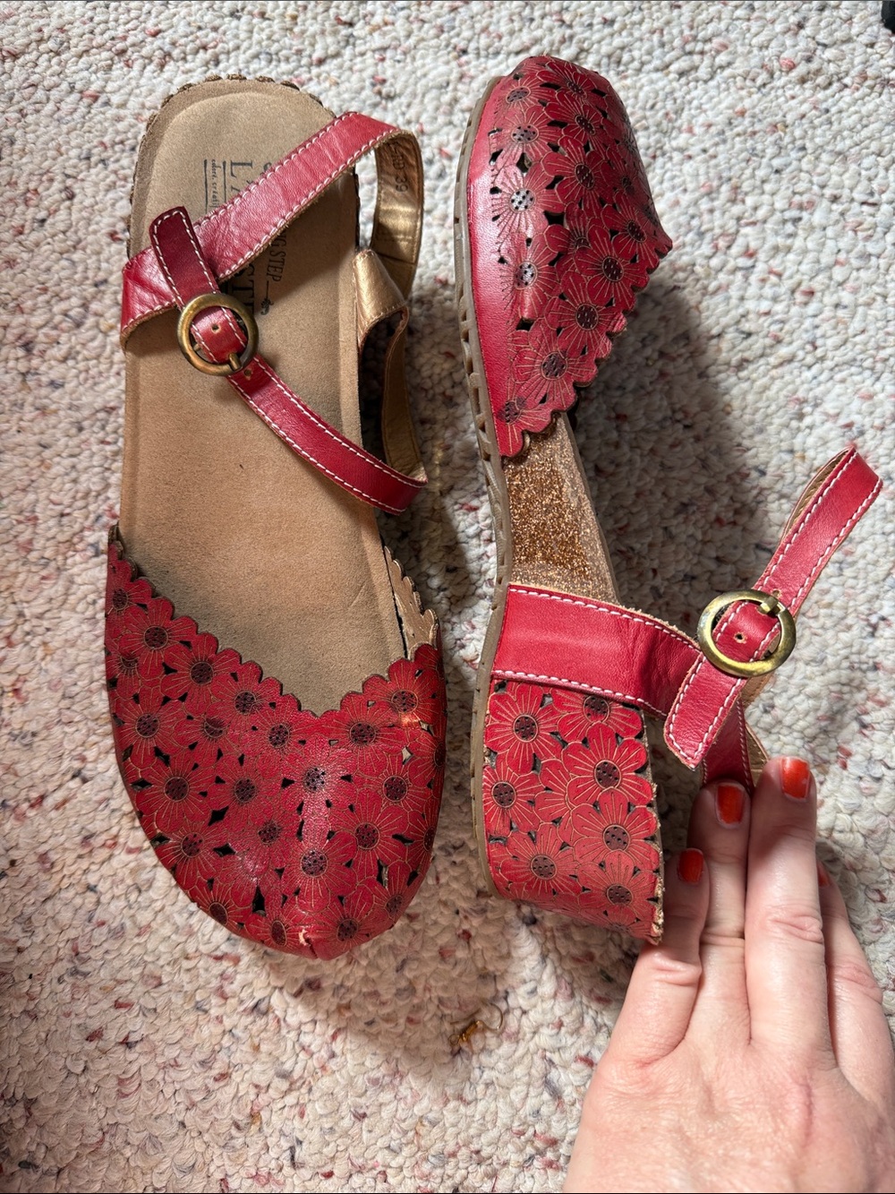 Red Floral Leather Slingback Mules with Gold Buckle